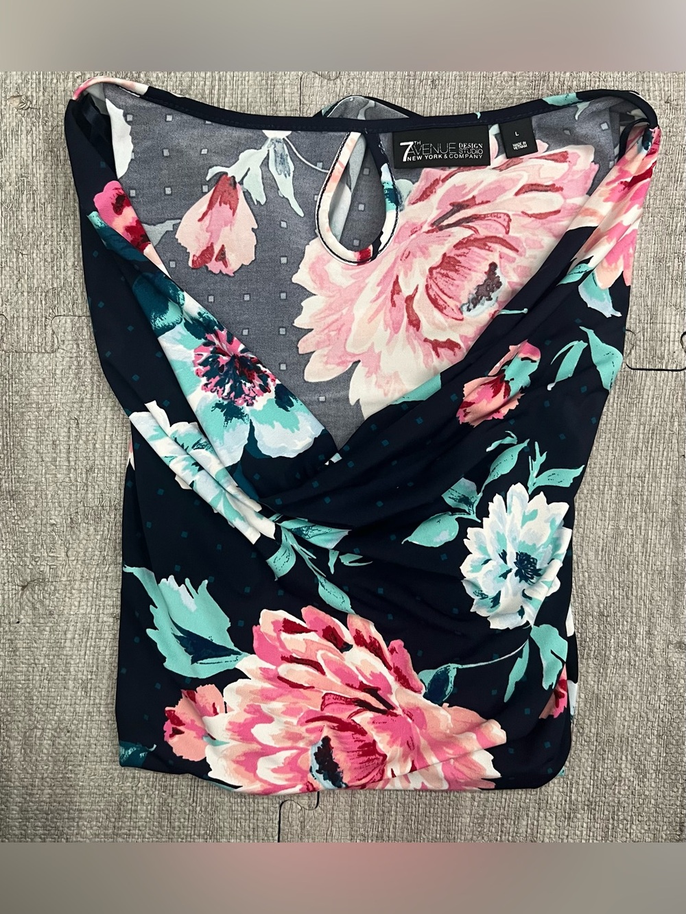 7th Avenue Design Studio NY&Co Navy Pink Floral Cowl Neck Cami Tank L